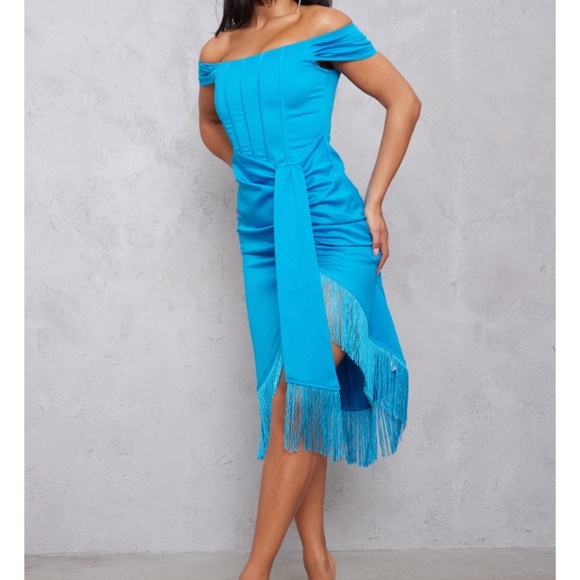 Prettylittlething Midi Fringe blue dress - Picture 2 of 4